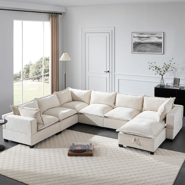 Oversized 118 in. Chenille Modular U-Shaped Sectional Sofa in. Off White with Movable Storage Ottoman, Free Combination