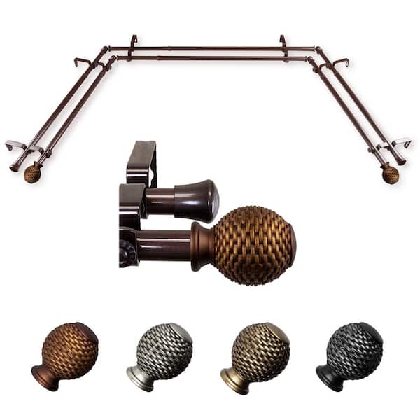 EMOH Aeliana 20-36 in. sides, 38-72 in. center Adjustable Bay Window Double Curtain Rod 13/16 in. in Cocoa with Finial