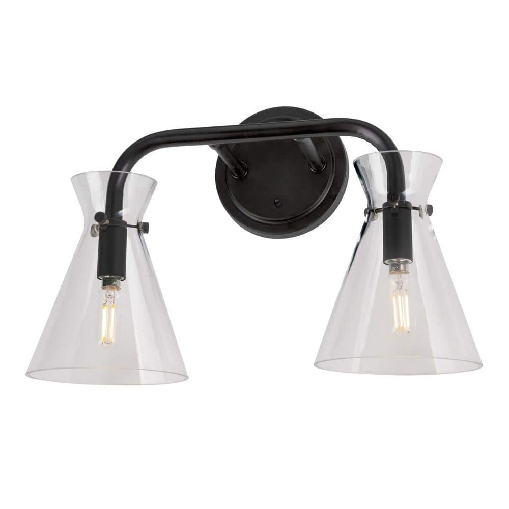 Black Steel 2-Light Bath Vanity with Clear Glass Shades