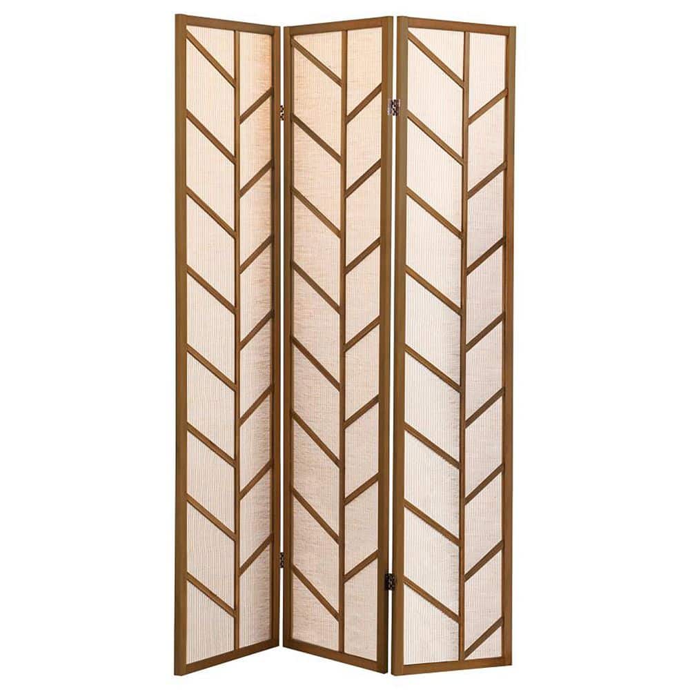 70 in. Metal Free Standing Walnut and Linen Foldable 3 Panel Screen