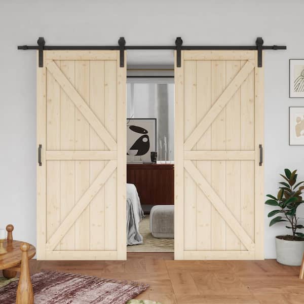 72 in. x 84 in. (Double 36 in. Doors) K-shape Unfinished Pine Wood Assembly Required Barn Door Slab with Hardware Kit