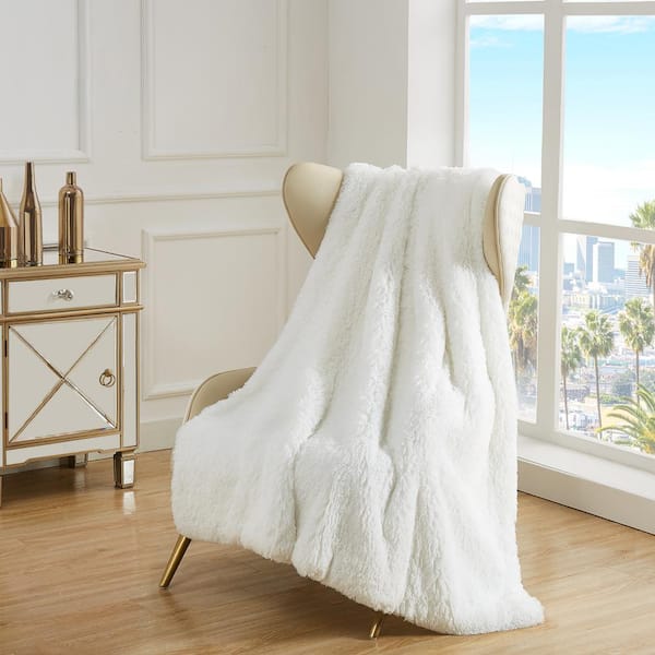 JUICY COUTURE Shaggy White Faux Fur 50 in. x 70 in. Plush Throw Blanket