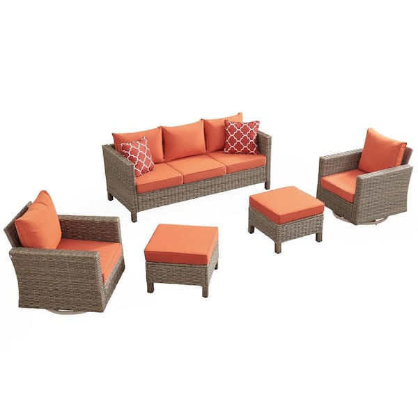 5-Piece Wicker Patio Conversation Set with Orange Cushions