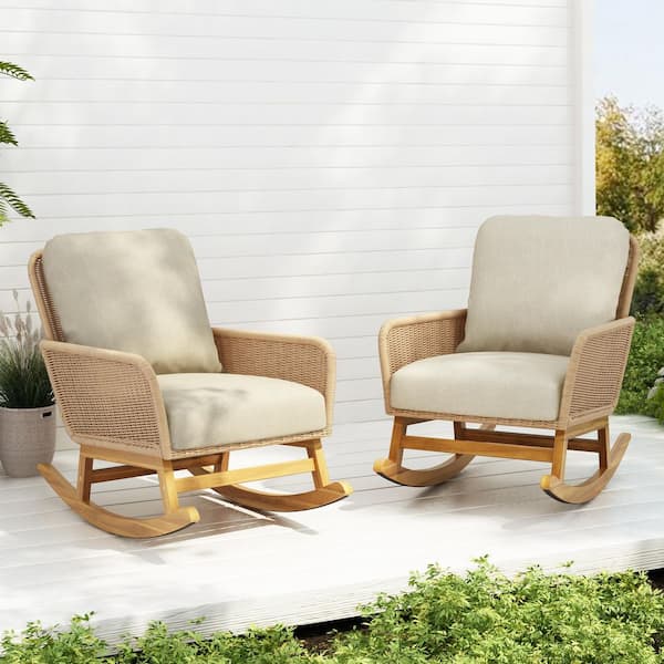 Minimalist Rocking Chir Set of-2Contemporary Minimalist Wood Outdoor Rocking Chair with Beige ...