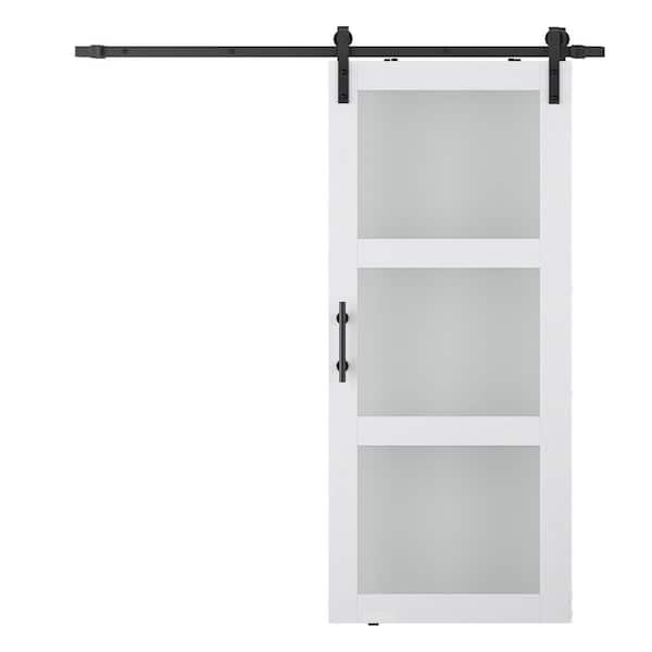24 in. x 84 in. 3-Lite Frosted Glass White Finished MDF Sliding Barn Door with Hardware Kit