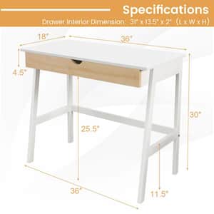 1-Piece White Computer Desk Wooden Workstation Makeup Vanity Table with 1 Drawer and Rubber Wood Legs