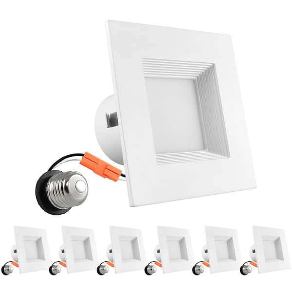 LUXRITE 4in Square Can Light 5 Color Selectable LED Recessed Light Kit Dimmable 750lm Remodel Wet Rated Baffle Trim (6 Pack)