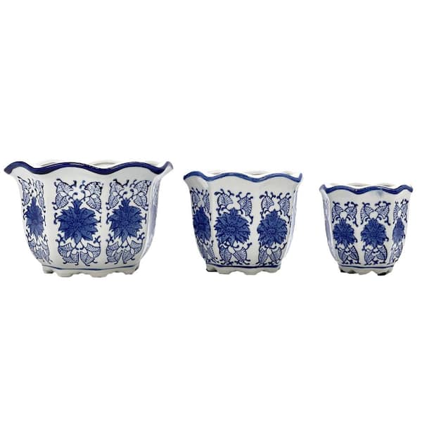 Set of 3 Blue & White Floral Ceramic Pots Ruffled Lip