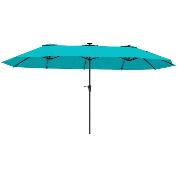 13 ft. Patio Umbrella in Blue with Solar Lights, Double-Side Outdoor Market Umbrella with Crank Handle and 48 LED Lights