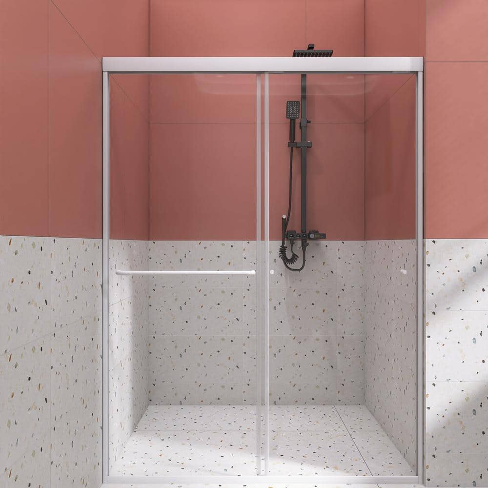 60 in. W x 72 in. H Double Sliding Framed Shower Door in Brushed Nickel Fin
