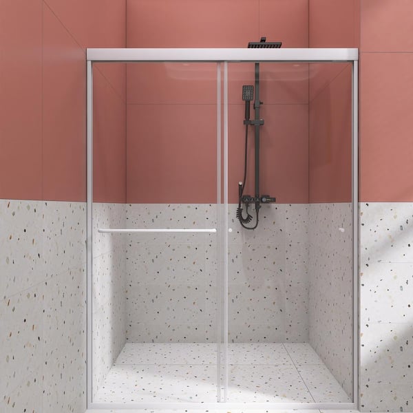 Unbranded 60 in. W x 72 in. H Double Sliding Framed Shower Door in Brushed Nickel Finish with Clear Glass