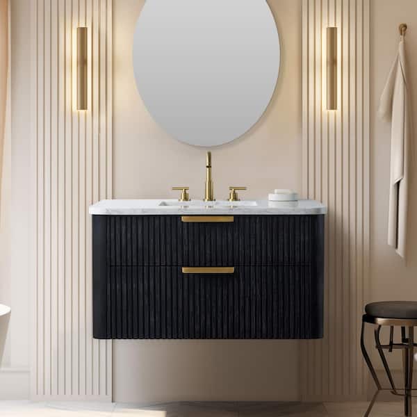 SUDIO Warren 36 in. W Floating Bath Vanity in Black Oak, Engineered Stone Top in Arabescato and White Sink