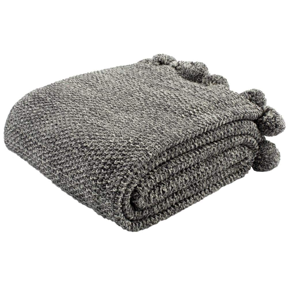 Beige and Gray Cotton Pom Pom Knit Throw Blanket