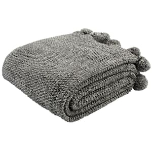 Pom Pom 50 in. x 60 in. Dark Gray/Natural Knit Throw Blanket