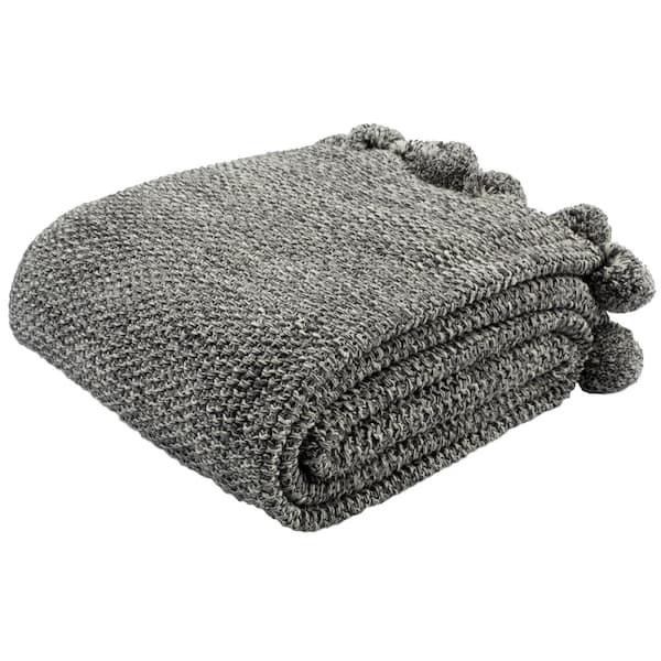 SAFAVIEH Pom Pom 50 in. x 60 in. Dark Gray/Natural Knit Throw Blanket
