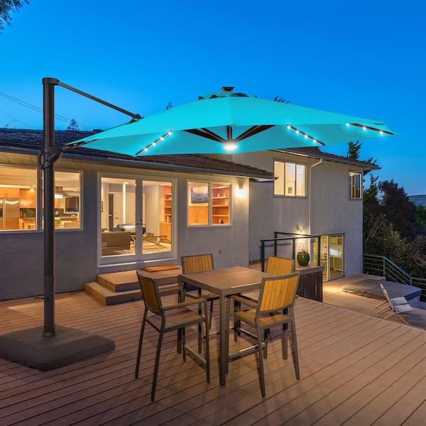 11 ft. LED Aluminum Cantilever Patio Umbrella with Outdoor Offset Rotation and a Base in Lake Blue