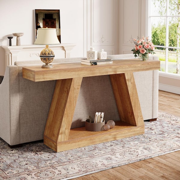 BYBLIGHT 55.12 in. Natural Brown Rectangle Engineered Wood Console