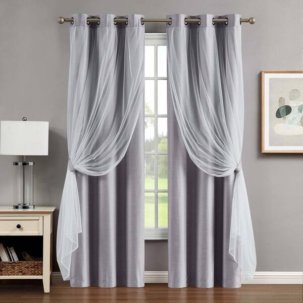 Creative Home Ideas Augusta Light Grey 38 in. W x 63 in. L Grommet Blackout Tiebacks Curtain with Sheer Overlay (2-Panels and 2-Tiebacks)