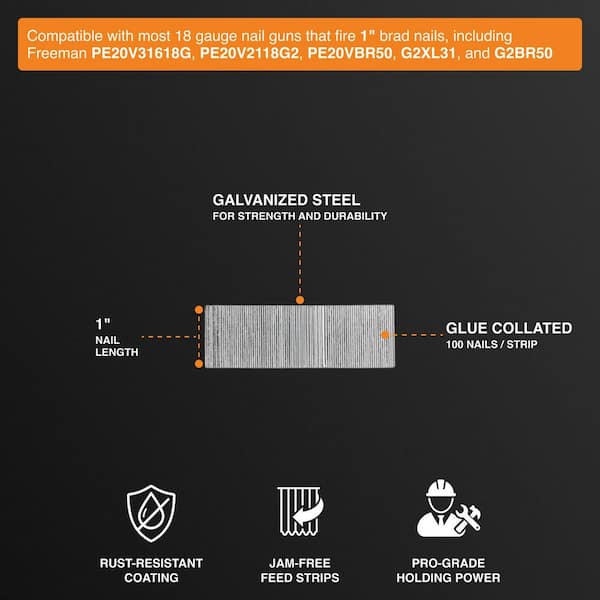 Freeman - 18-Gauge 1-1/4 in. Glue Collated Brad Nails - 1,000 Count - Galvanized Steel, Ideal for Trim, Moulding, and Baseboards