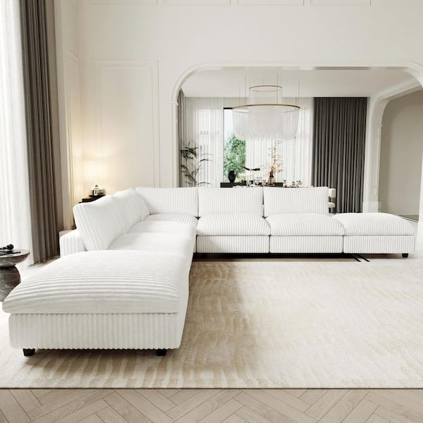 Modern 157 in. Square Arm Soft Faux Rabbit Fur Velvet Modular Cloud Sectional Sofa 7-Seater with Ottomans in Beige