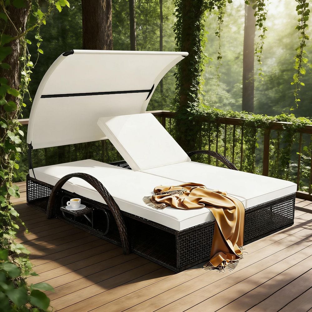 Brown Wicker Outdoor Day Bed with Beige Cushions, Adjustable Backrest Hidden Side Table and Arched Armrests for Patio