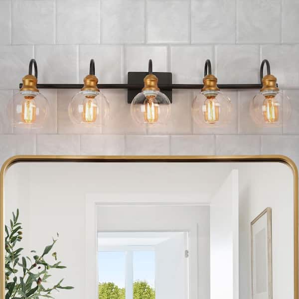 LNC Modern 35.5 in. 5-Light Aged Brass Vanity Light with Black Linear Frame and Clear Glass Globes for Master Bathroom