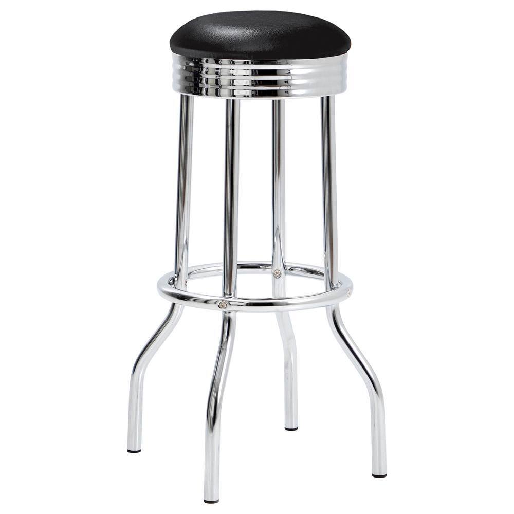 Transitional Swivel Saddle Bar Stool in Black Leather and Chrome