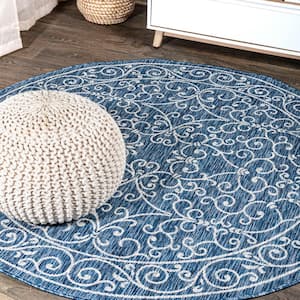 Charleston Vintage Filigree Textured Weave Navy/Gray 5 ft. Round Indoor/Outdoor Area Rug