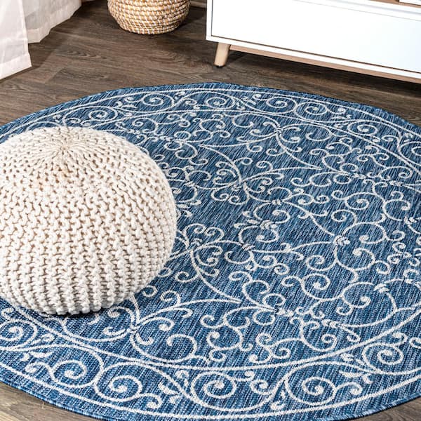JONATHAN Y Charleston Vintage Filigree Textured Weave Navy/Gray 5 ft. Round Indoor/Outdoor Area Rug