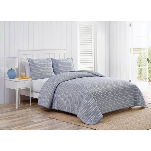 American Traditions Blue Chambray Cotton 3 Piece Quilt Full/Queen Set 