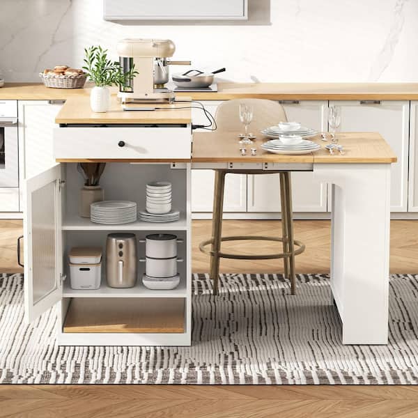 Ziyudura White Wood 59.5 in. Kitchen Island with Extendable Table