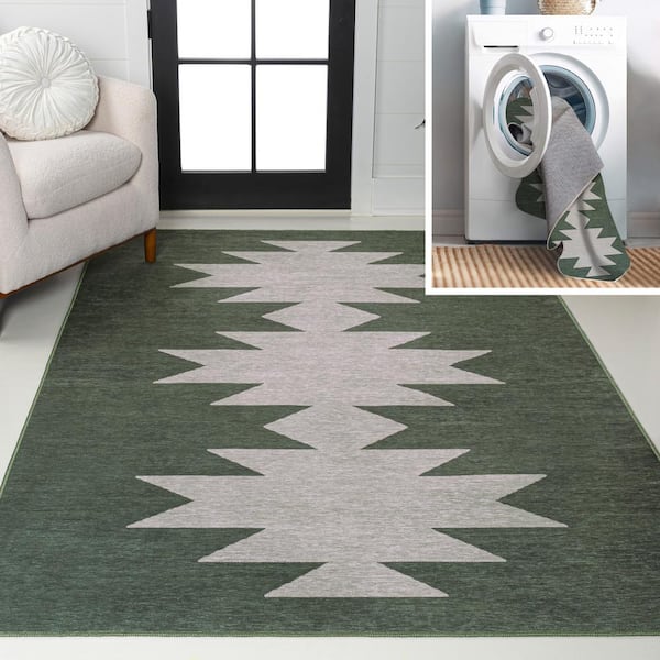 Chayton Minimalist Geometric Machine-Washable Dark Green/Light Gray 9 ft. x 12 ft. Area Rug