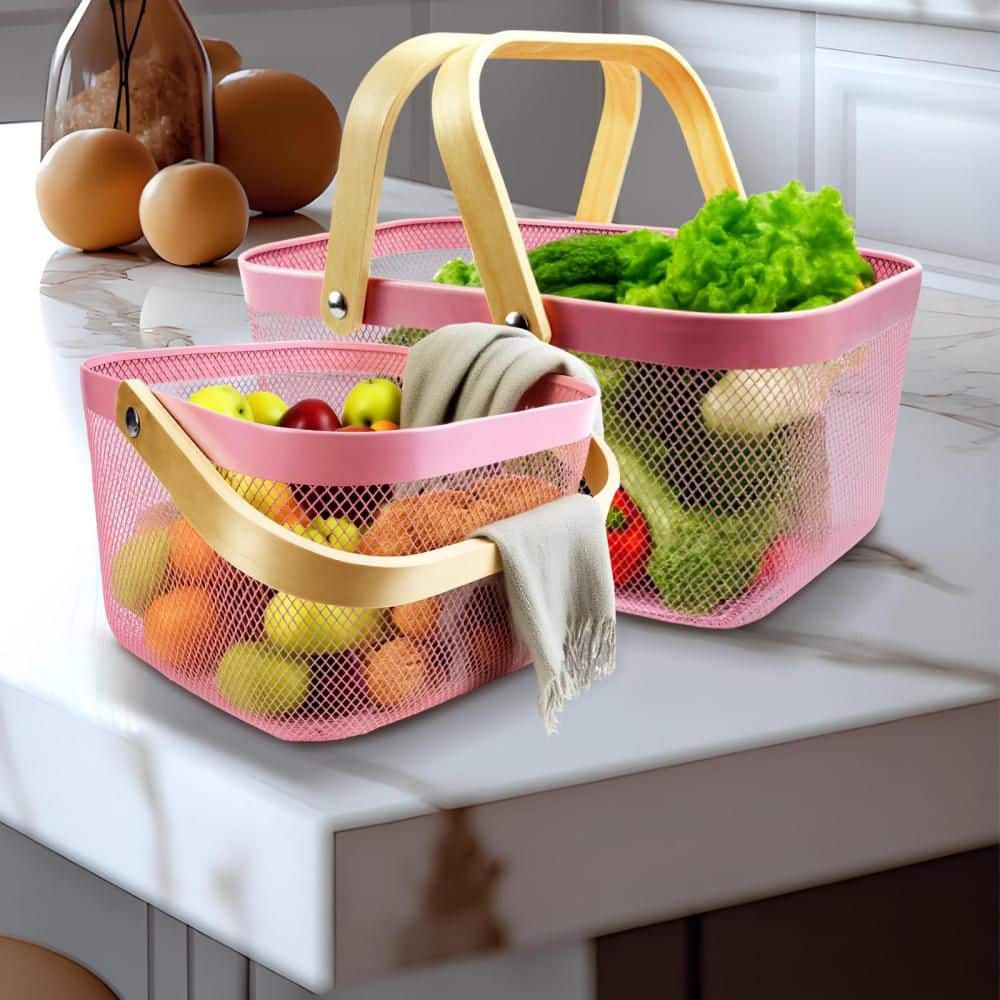 Numhew 2-Pack Metal Mesh Harvest Basket with Foldable Wooden