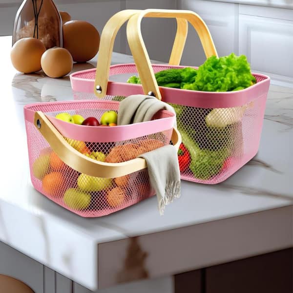 2-Pack Metal Mesh Harvest Basket with Foldable Wooden Handle for Vegetable, Fruit, Picnic, Gathering, Storage, Pink