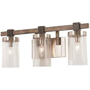 Bridlewood 3-Light Stone Grey with Brushed Nickel Bath Light with Clear Seedy Glass