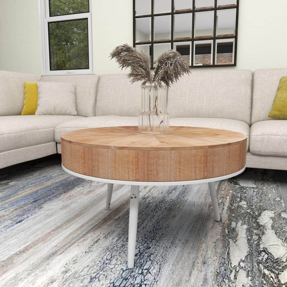 Modern Minimalist Round Coffee Table with White Distressed Iron Legs, 32"W