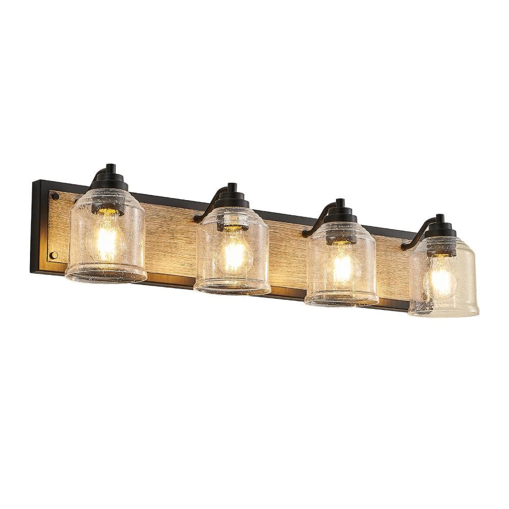 32 in. 4-Light Black & Wood Grain Finish Farmhouse Vanity Light Fixture Bathroom Wall Light with Seeded Glass Shade price history on PriceWatchPro