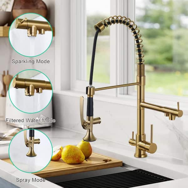 Double Handle 3 in 1 Solid Brass Pull Down Sprayer Kitchen Faucet with Drinking Water and Deckplate in Brushed Gold