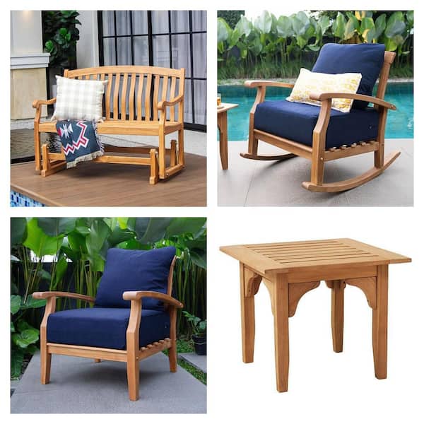 Torrey Teak Rocking Chair, Lounge Chair with Navy Cushion, Colton Glider Bench and Side Table Combo