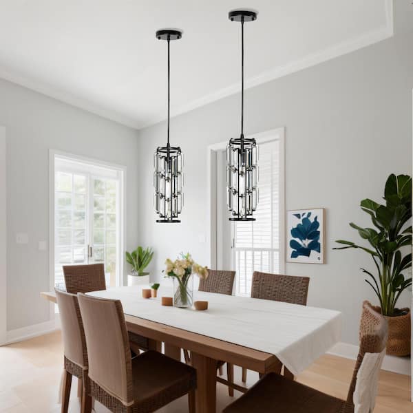 1-Light Black Modern Mini Cylinder Pendant Light Transitional Crystal Pendant Ceiling Light