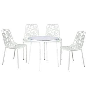 Devon 5 Piece Aluminum Set with Round Table with Glass Top Outdoor Dining and 4 Stackable Chairs in White