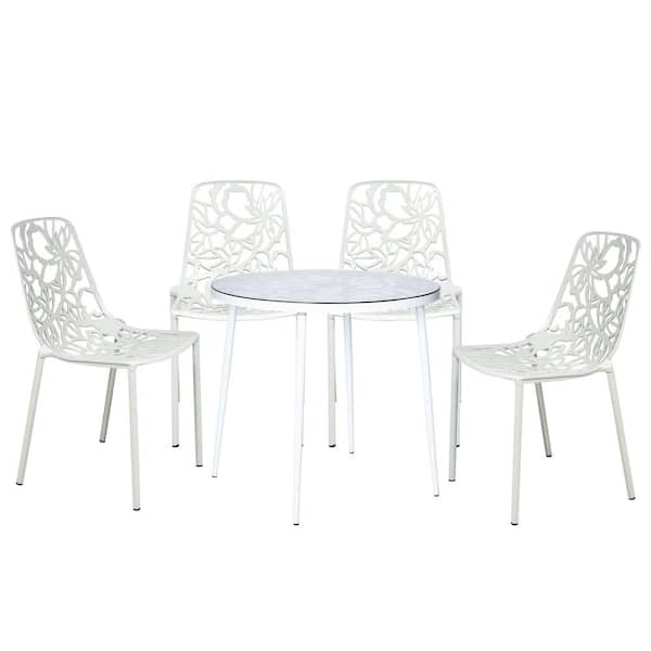 Leisuremod Devon 5 Piece Aluminum Set with Round Table with Glass Top Outdoor Dining and 4 Stackable Chairs in White