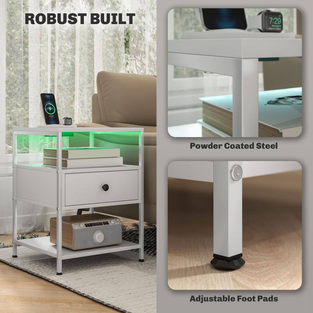 White Particleboard End Tables with Charging Stations and LED Lights