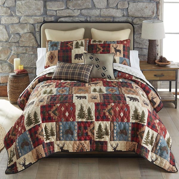 Woodland Patch 3-Piece Beige and Green Polyester Queen Quilt Set