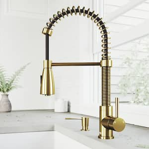 Brant Single Handle Pull-Down Sprayer Kitchen Faucet Set with Soap Dispenser in Matte Brushed Gold