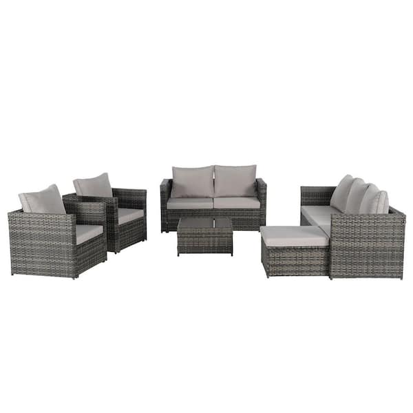 5-Piece Wicker Outdoor Sectional Sofa Set with Light Gray Cushions and Coffee Table