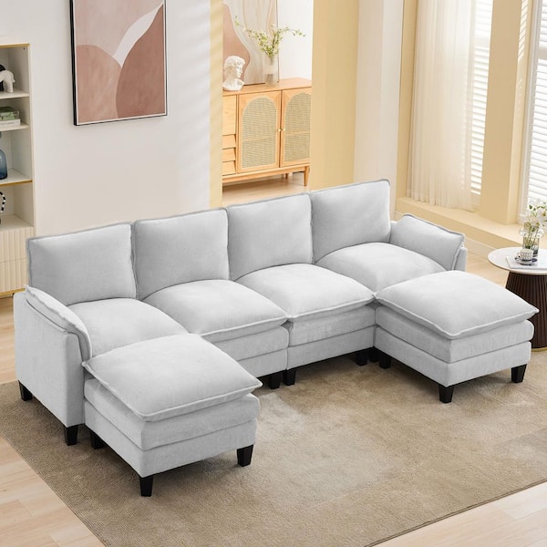 JEAREY 100.79 in. W 6-Piece Modern Velvet Linen Sectional Sofa with Ottoman in. Grey