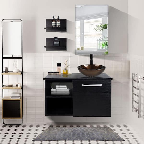 Puluomis 28 in. W x 19 in. D x 16 in. H Single Sink Black Bath Vanity with Brown Round Solid Surface Top Sink and Mirror