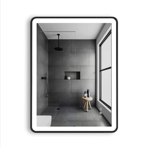 JimsMaison 24 in. W x 32 in. H Large Rectangular Framed Touch switch Anti-Fog Dimmable Wall Bathroom Vanity Mirror in Black