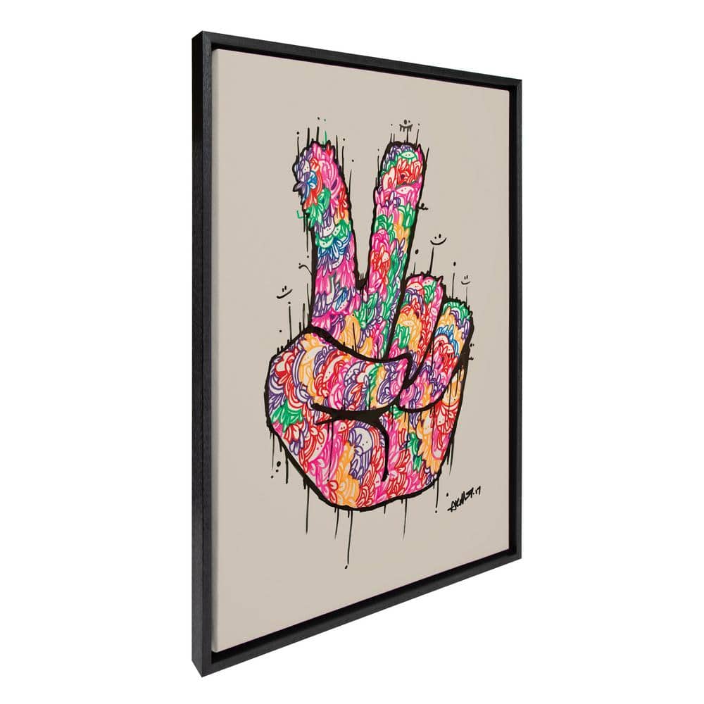 Colorful Peace Sign Hand Art on Black Framed Canvas